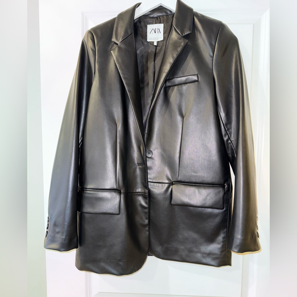 Zara Black Faux Leather Blazer size XS